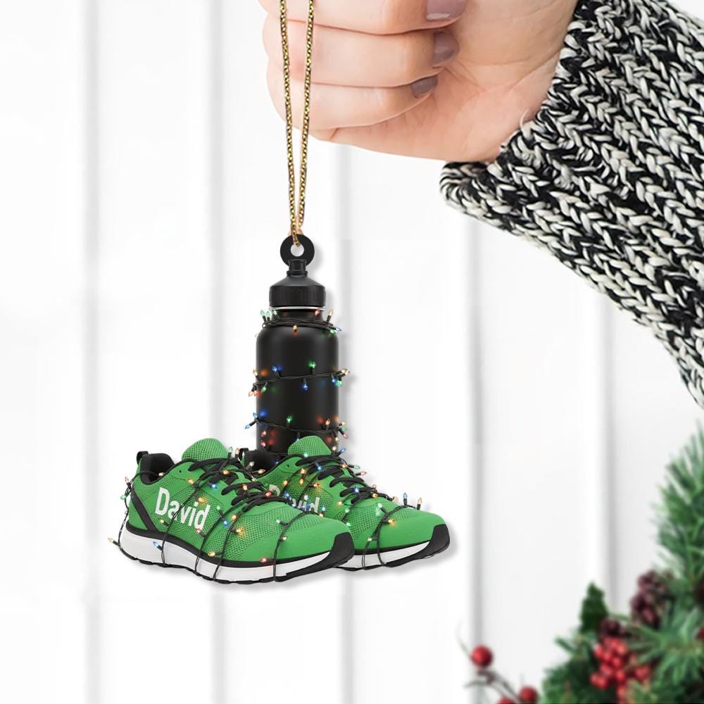 Personalized Running Shoes Christmas Ornament – Custom Name Fitness Gift with Water Bottle