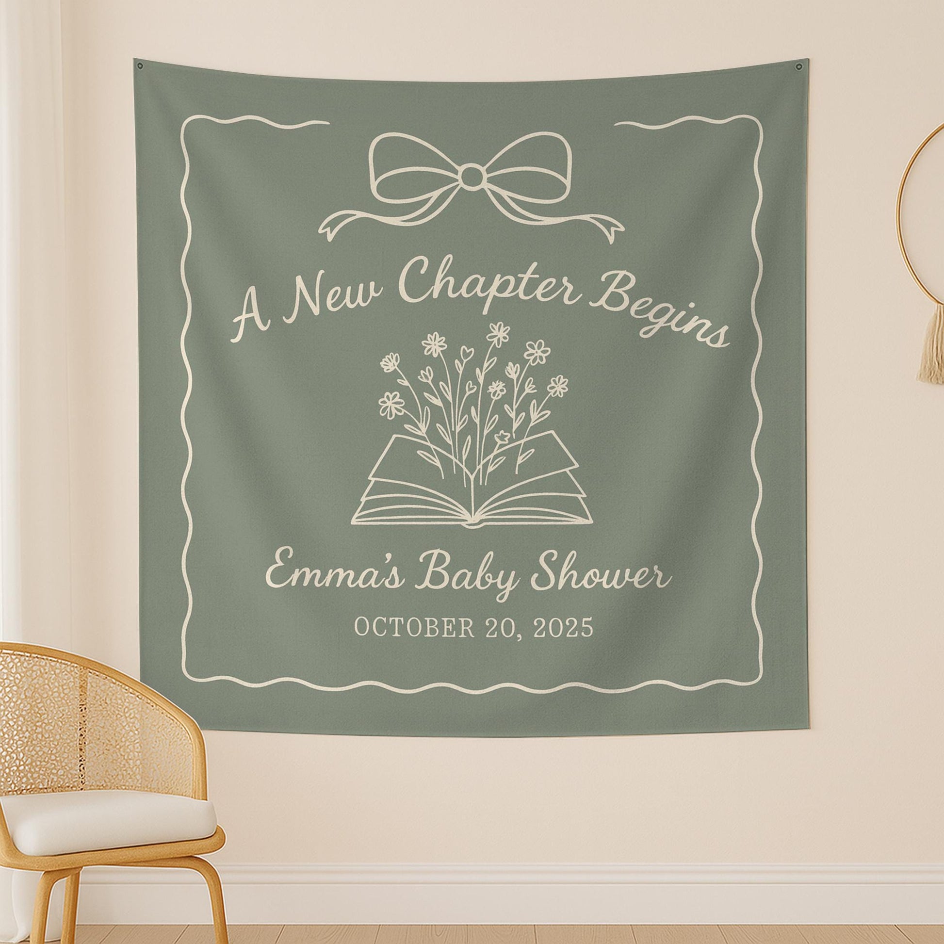 New Chapter Baby Shower Tapestry – Personalized Book Theme Party Backdrop with Name & Date