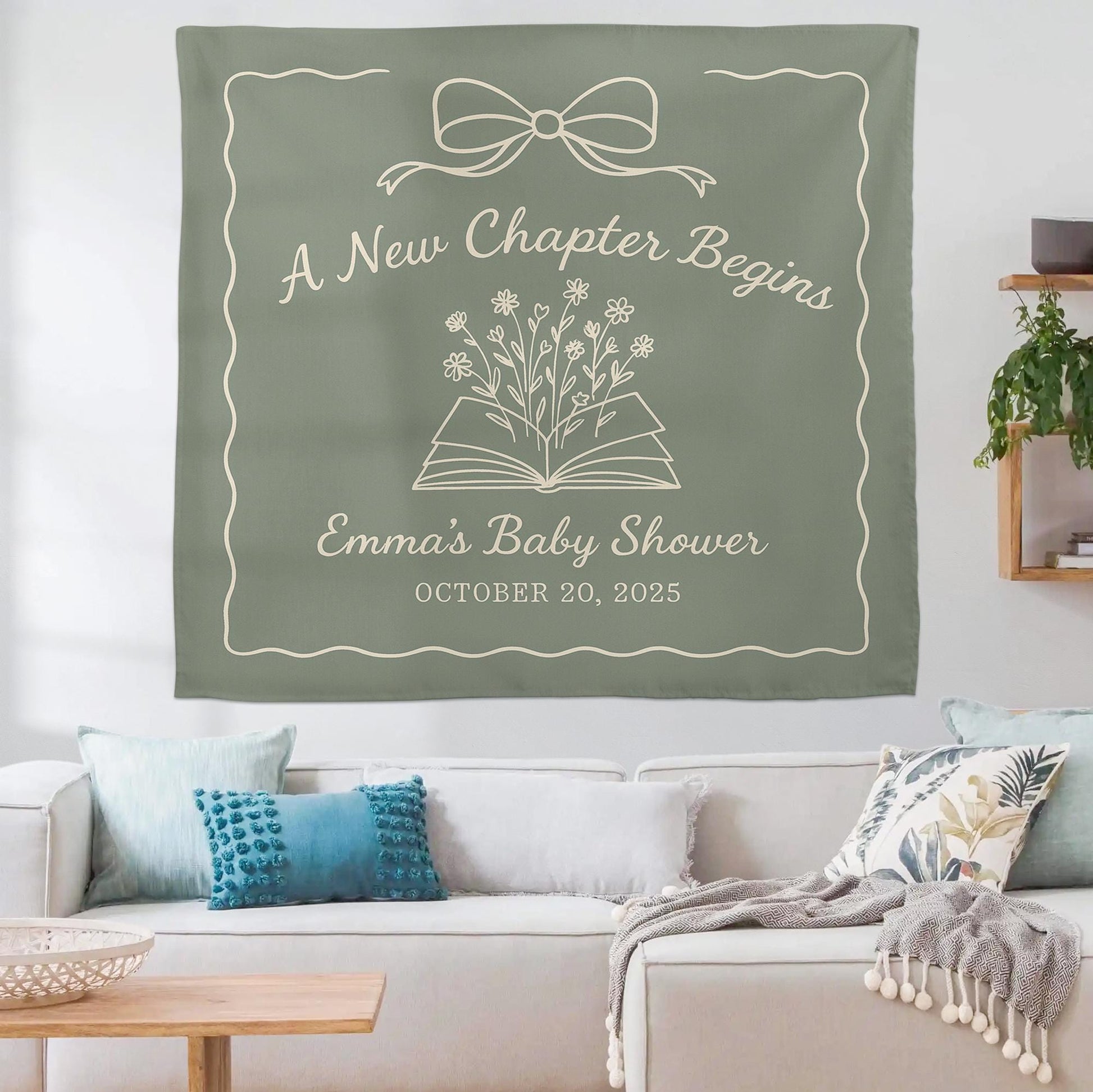 New Chapter Baby Shower Tapestry – Personalized Book Theme Party Backdrop with Name & Date