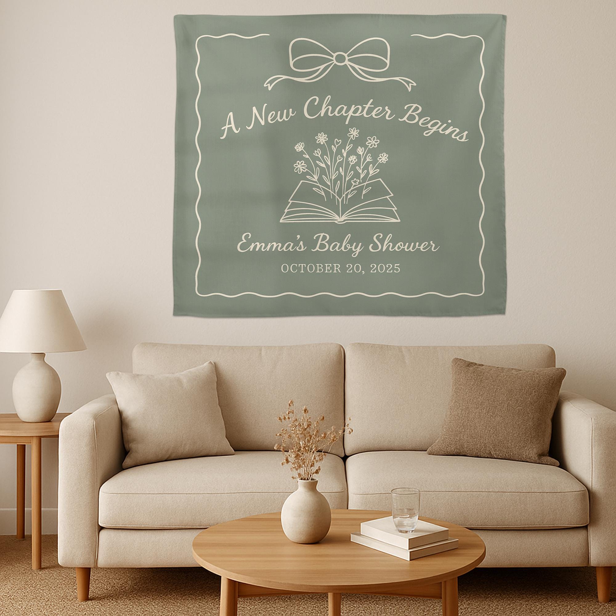 New Chapter Baby Shower Tapestry – Personalized Book Theme Party Backdrop with Name & Date