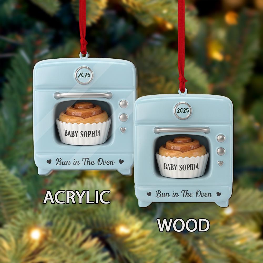 Personalized Baby Announcement Ornament – Acrylic Blue Oven with Bun in The Oven Design