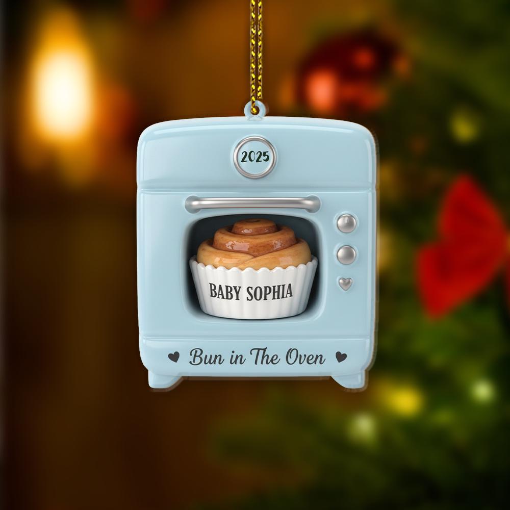 Personalized Baby Announcement Ornament – Acrylic Blue Oven with Bun in The Oven Design