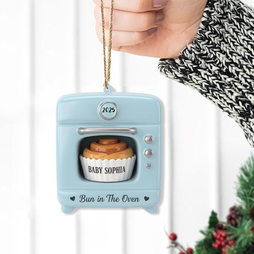 Personalized Baby Announcement Ornament – Acrylic Blue Oven with Bun in The Oven Design