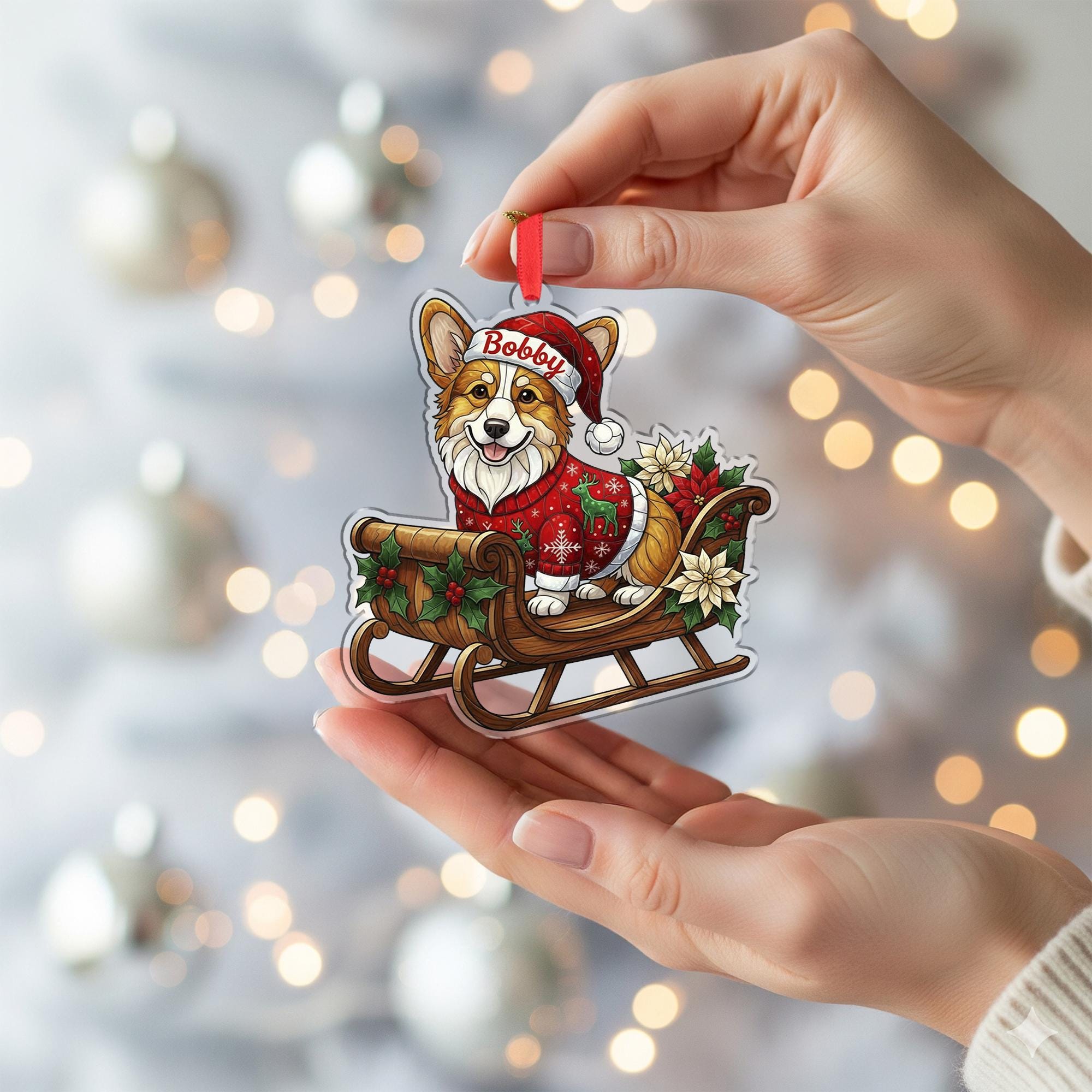 Corgi Christmas Ornament – Dog in Sleigh with Santa Hat and Sweater