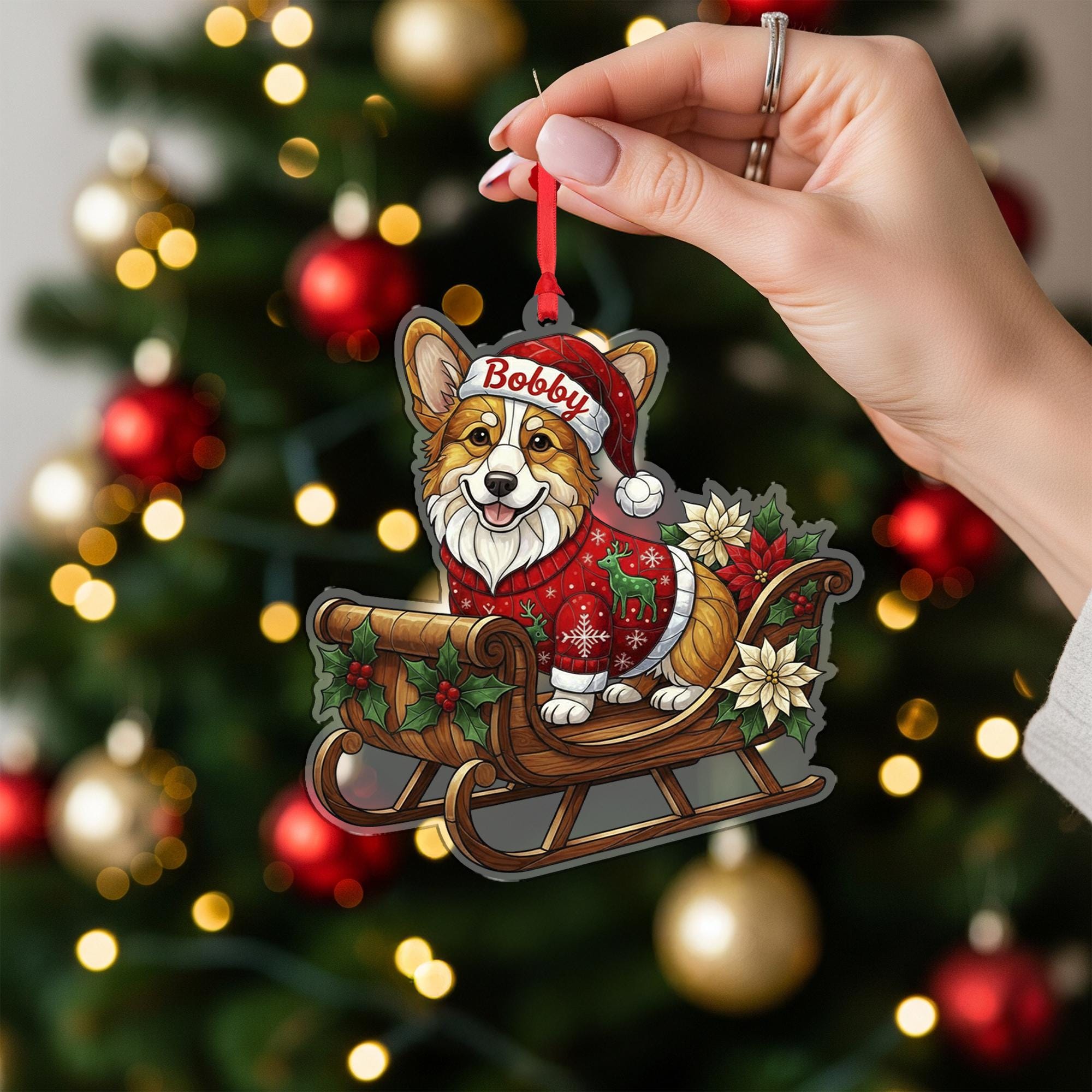 Corgi Christmas Ornament – Dog in Sleigh with Santa Hat and Sweater