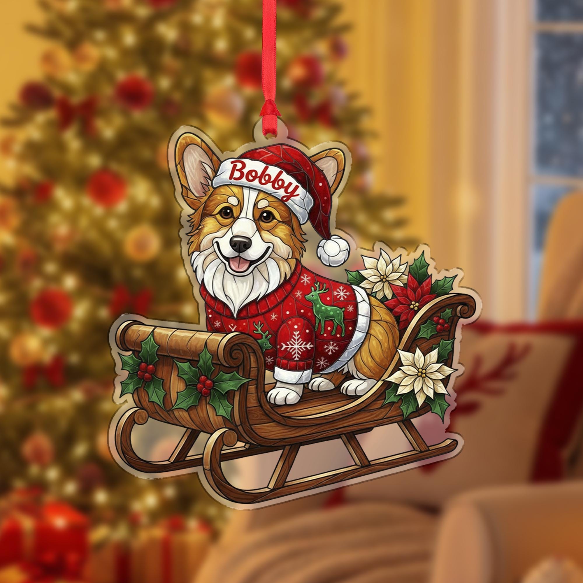 Corgi Christmas Ornament – Dog in Sleigh with Santa Hat and Sweater