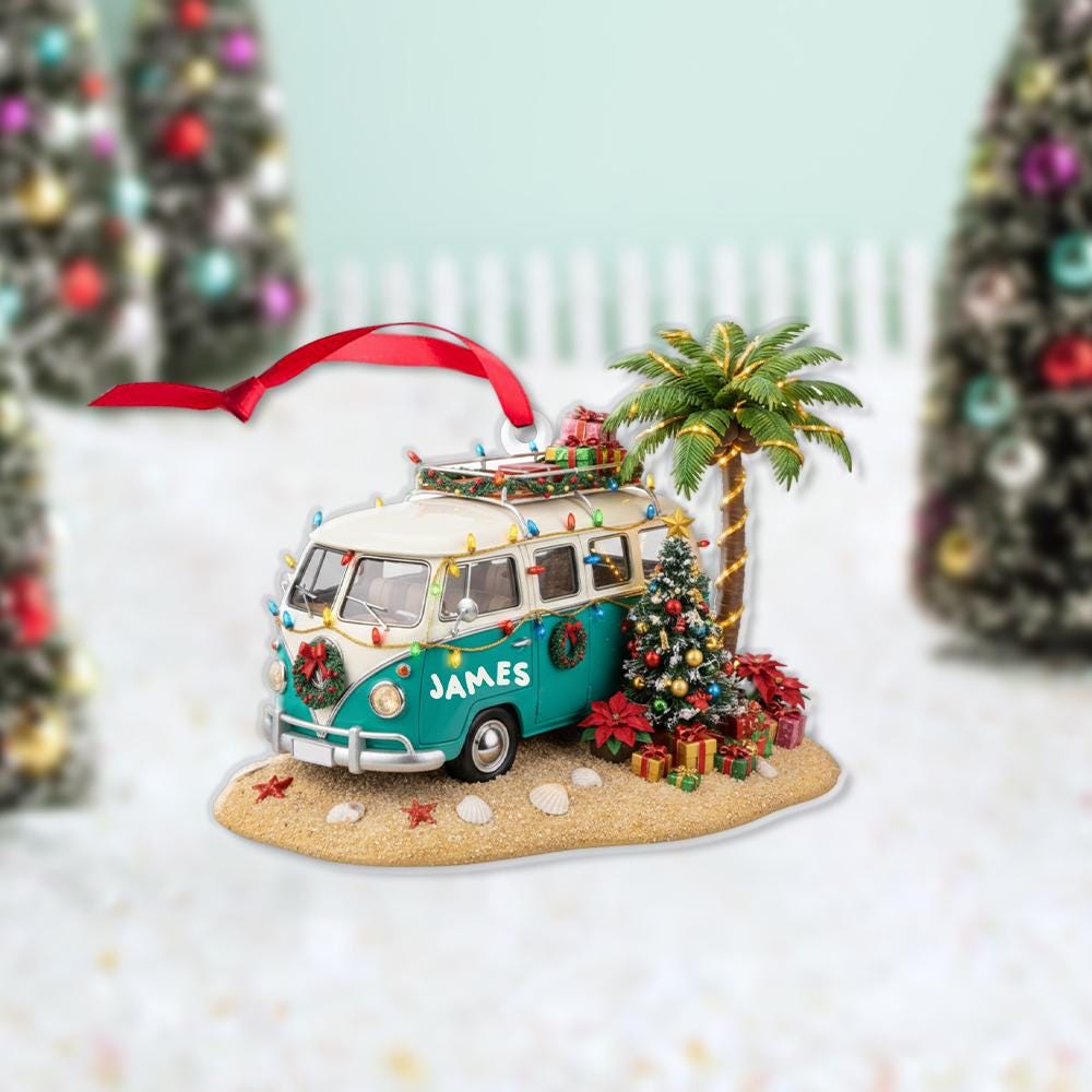 Custom Christmas Ornament Beach Van with Palm Tree and Holiday Lights