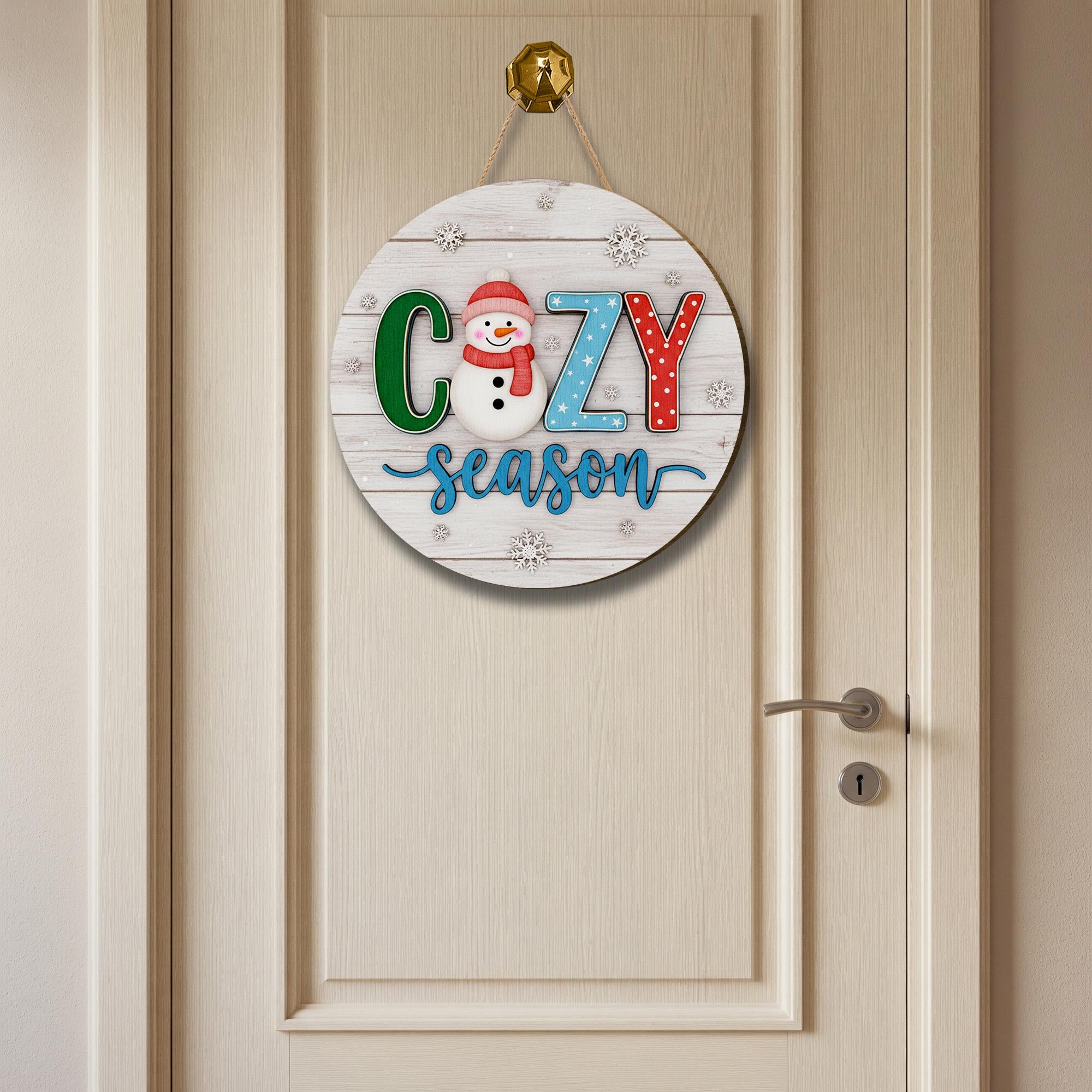 Cozy Season Snowman Door Sign: Rustic Winter Porch Decor