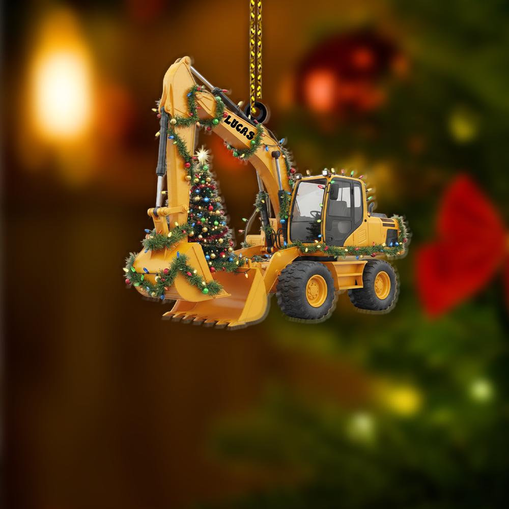 Custom Excavator Christmas Ornament with Tree and Lights, Personalized Construction Vehicle Holiday Decoration