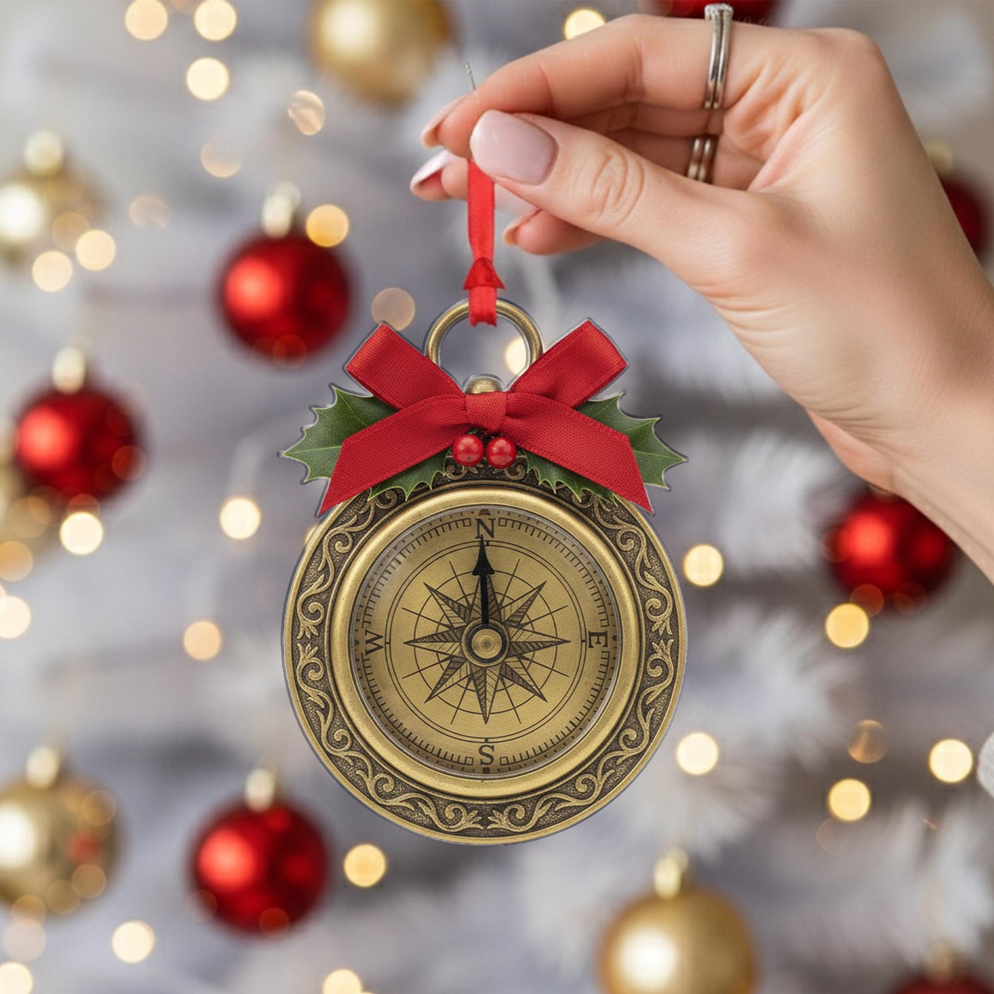 Compass Christmas Ornament – Vintage Style with Holly and Bow Tree Decoration