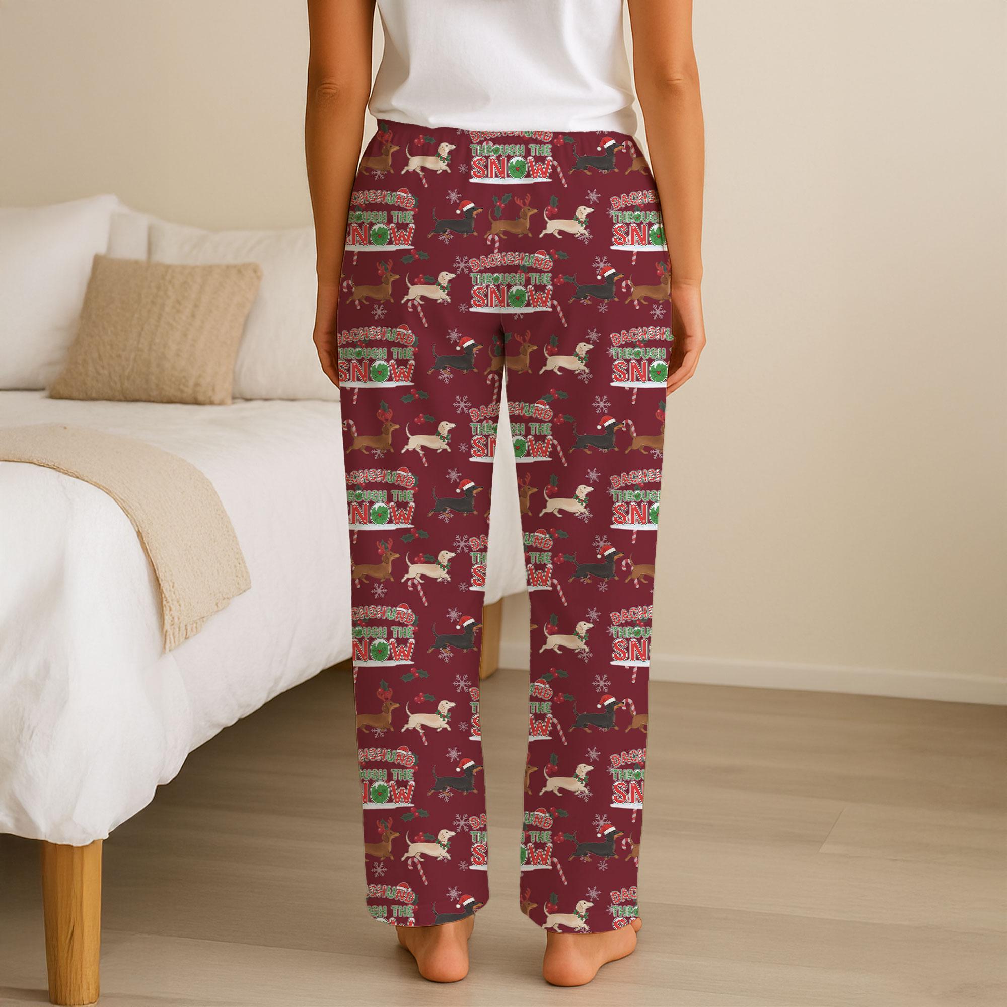Christmas Pajama Pants: Dachshund Through the Snow Dog Pattern, Holiday Lounge Wear
