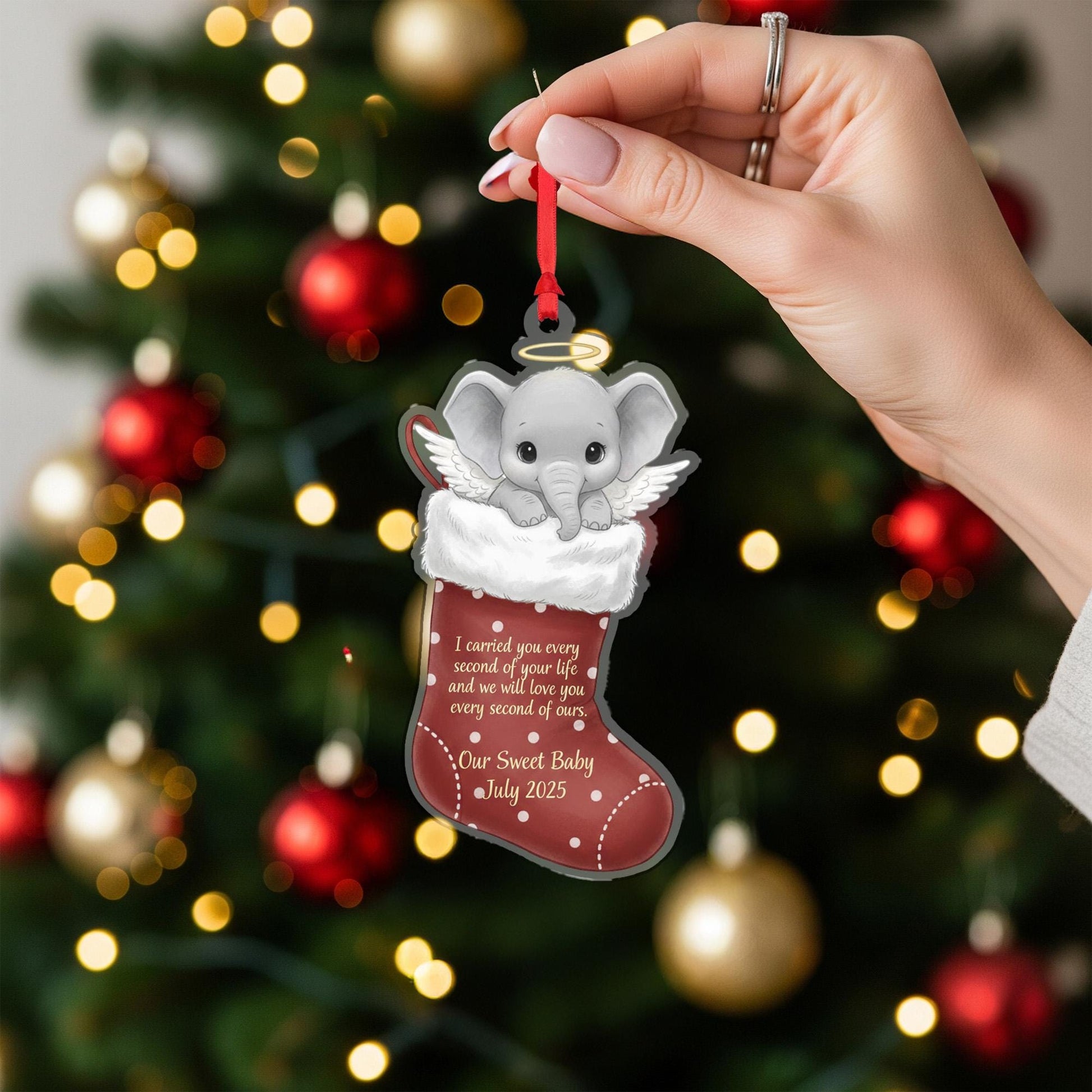 Personalized Baby Memorial Ornament Elephant Angel in Christmas Stocking, Infant Loss Keepsake