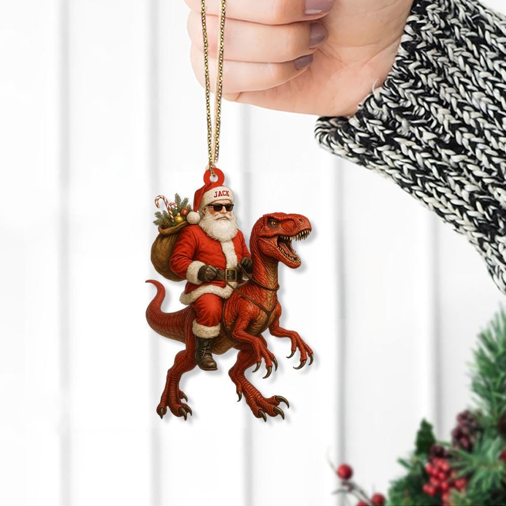 Personalized Santa Riding Dinosaur Ornament – Custom Name Christmas Tree Decoration