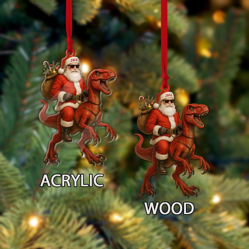 Personalized Santa Riding Dinosaur Ornament – Custom Name Christmas Tree Decoration
