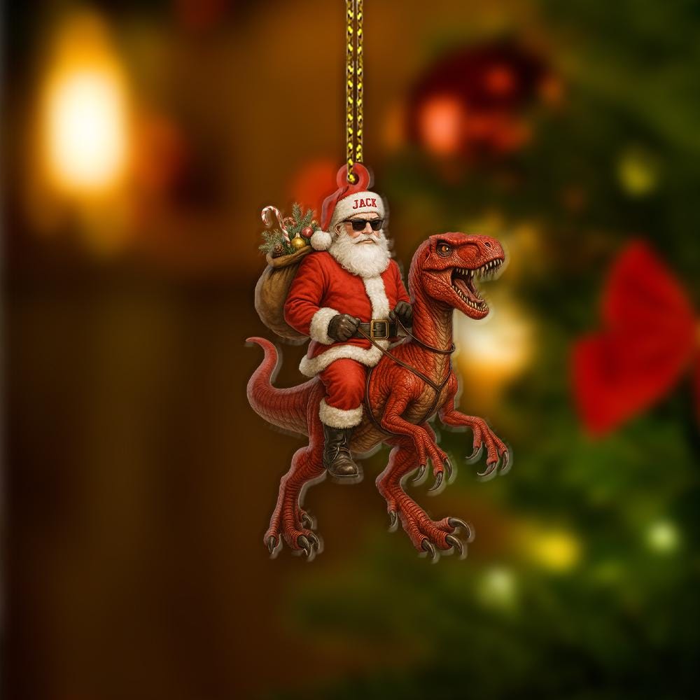 Personalized Santa Riding Dinosaur Ornament – Custom Name Christmas Tree Decoration