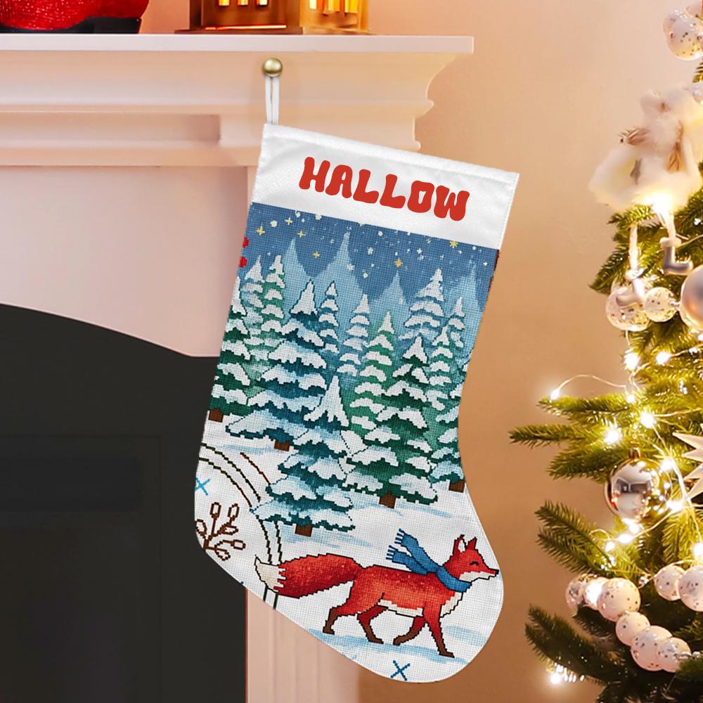 Custom Christmas Stocking with Fox and Winter Forest Scene – Personalized Holiday Fireplace Decoration