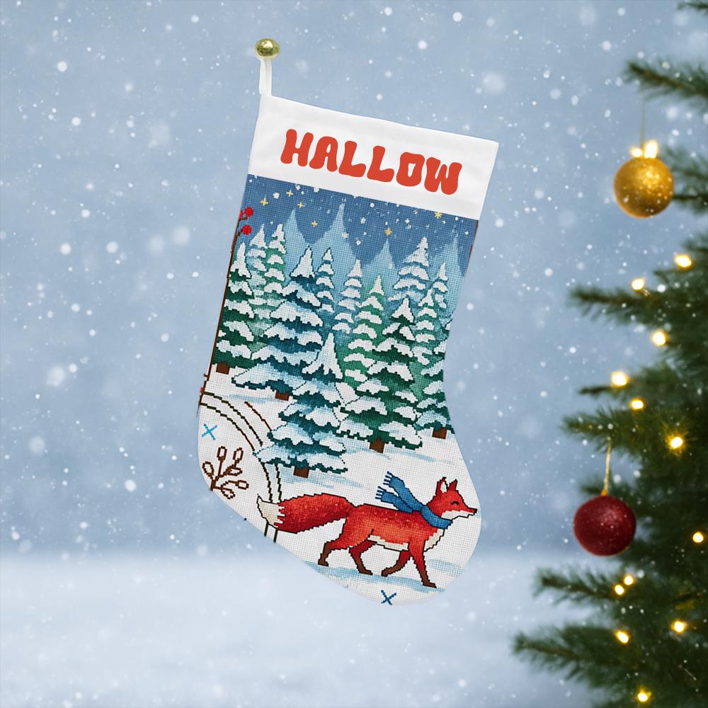 Custom Christmas Stocking with Fox and Winter Forest Scene – Personalized Holiday Fireplace Decoration