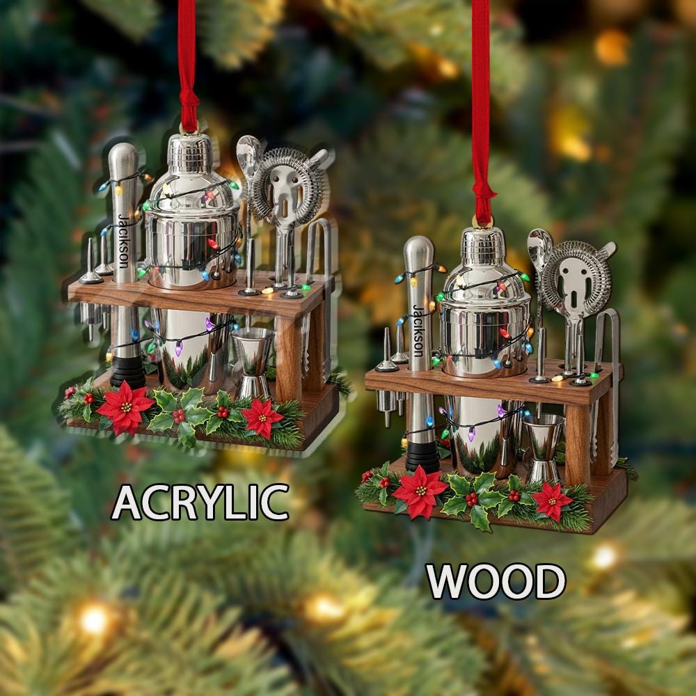Custom Bartender Bar Tool Ornament – Personalized Cocktail Shaker Christmas Decoration with Mini Bar Set