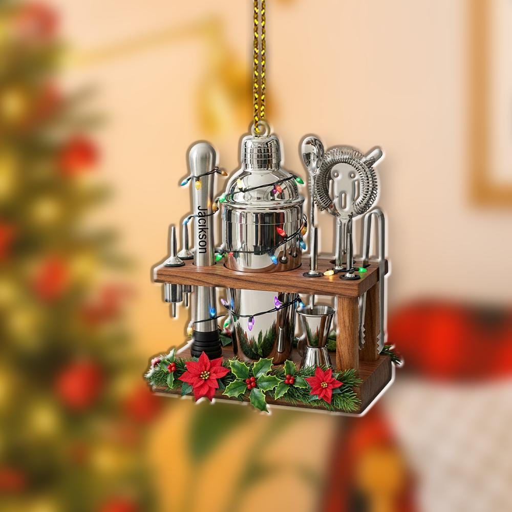 Custom Bartender Bar Tool Ornament – Personalized Cocktail Shaker Christmas Decoration with Mini Bar Set