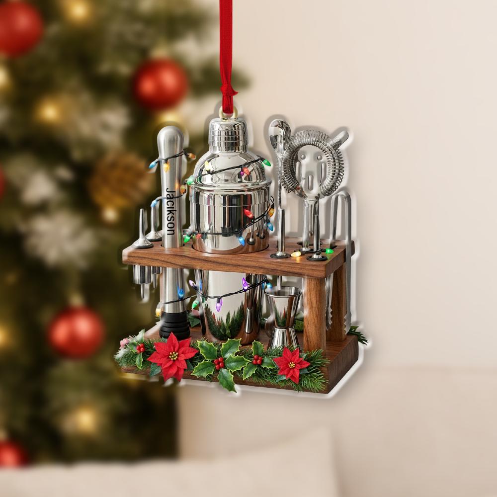 Custom Bartender Bar Tool Ornament – Personalized Cocktail Shaker Christmas Decoration with Mini Bar Set