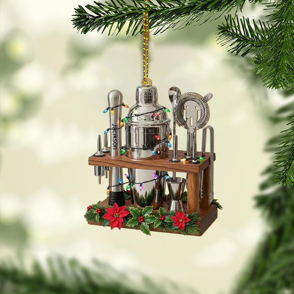 Custom Bartender Bar Tool Ornament – Personalized Cocktail Shaker Christmas Decoration with Mini Bar Set