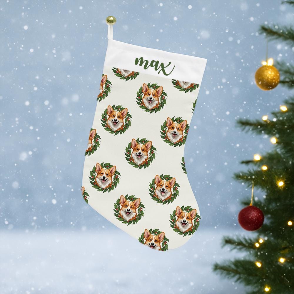 Custom Dog Christmas Stocking with Name – Corgi Holiday Stocking Personalized Pet Design
