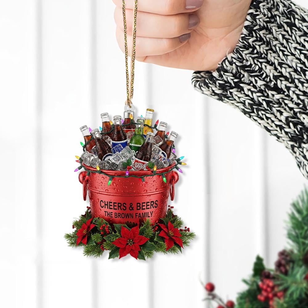 Custom Beer Bucket Ornament with Bottles and Ice – Personalized Family Name Christmas Decoration