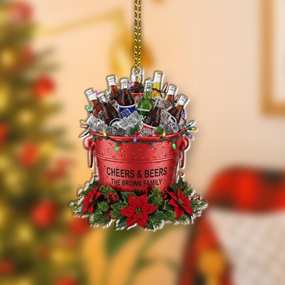 Custom Beer Bucket Ornament with Bottles and Ice – Personalized Family Name Christmas Decoration