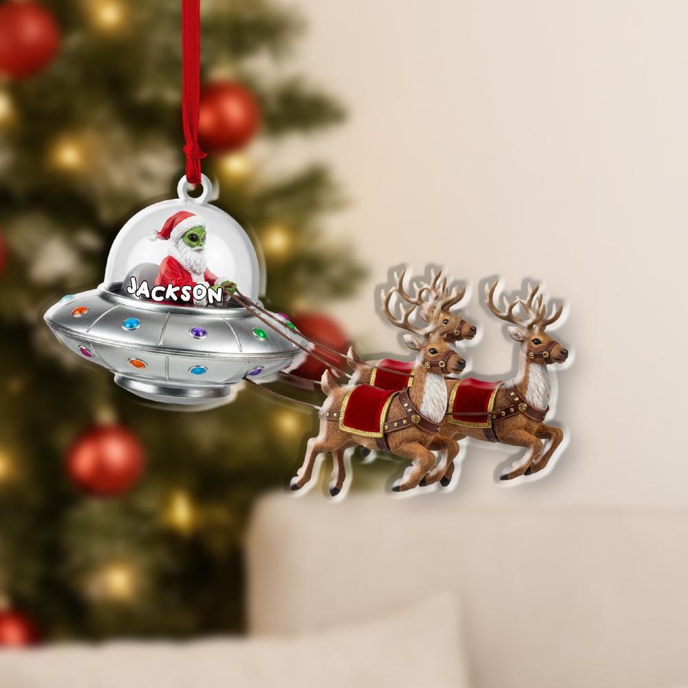 Custom Alien Santa UFO Christmas Ornament with Reindeer Sleigh – Personalized Holiday Tree Decoration