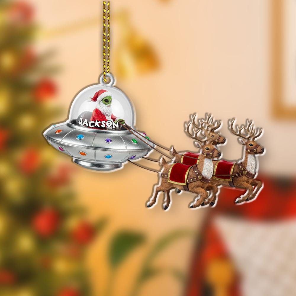 Custom Alien Santa UFO Christmas Ornament with Reindeer Sleigh – Personalized Holiday Tree Decoration