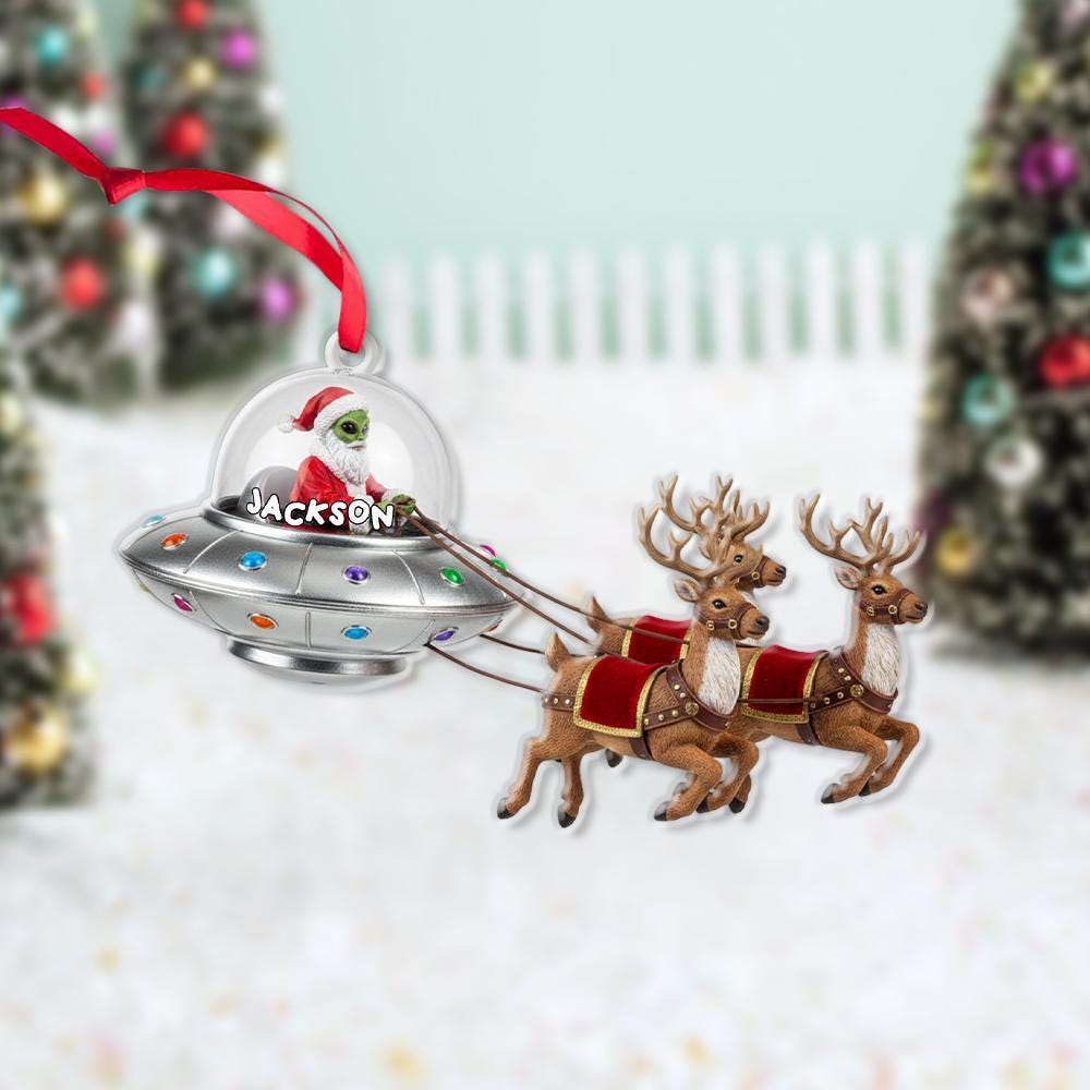Custom Alien Santa UFO Christmas Ornament with Reindeer Sleigh – Personalized Holiday Tree Decoration
