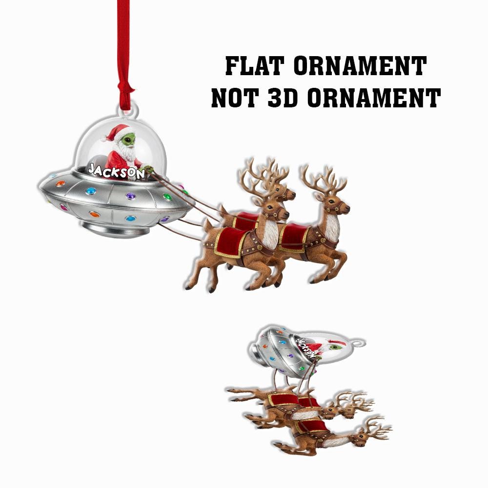Custom Alien Santa UFO Christmas Ornament with Reindeer Sleigh – Personalized Holiday Tree Decoration