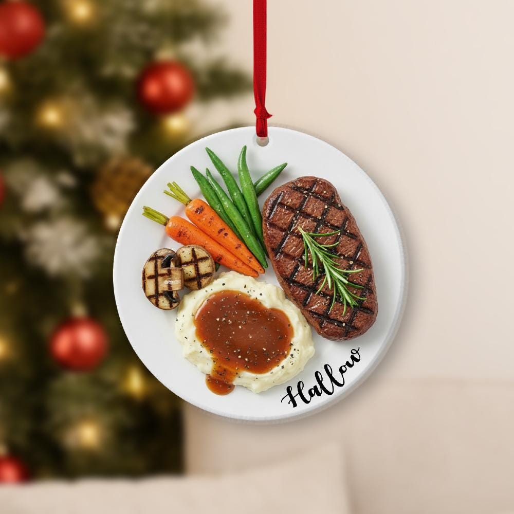 Personalized Steak Ornament – Custom Name Food Dinner Plate Christmas Tree Decoration