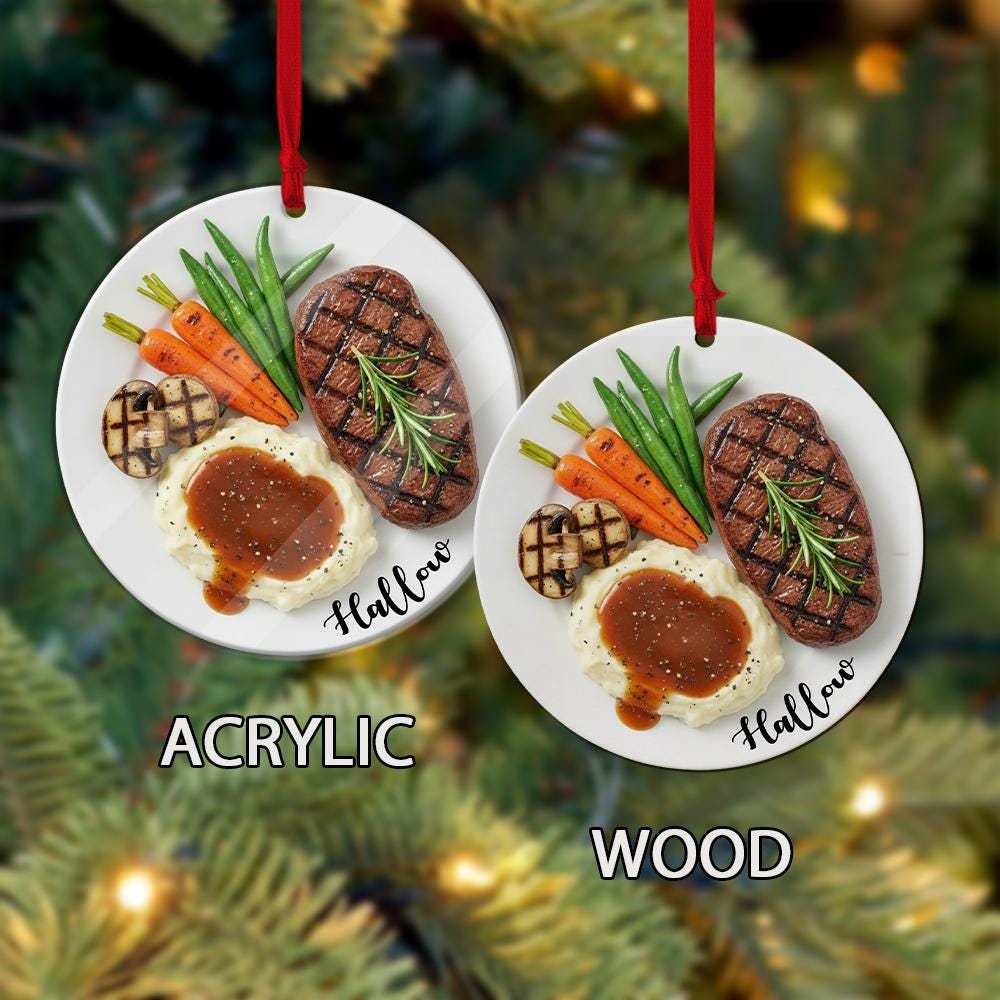 Personalized Steak Ornament – Custom Name Food Dinner Plate Christmas Tree Decoration
