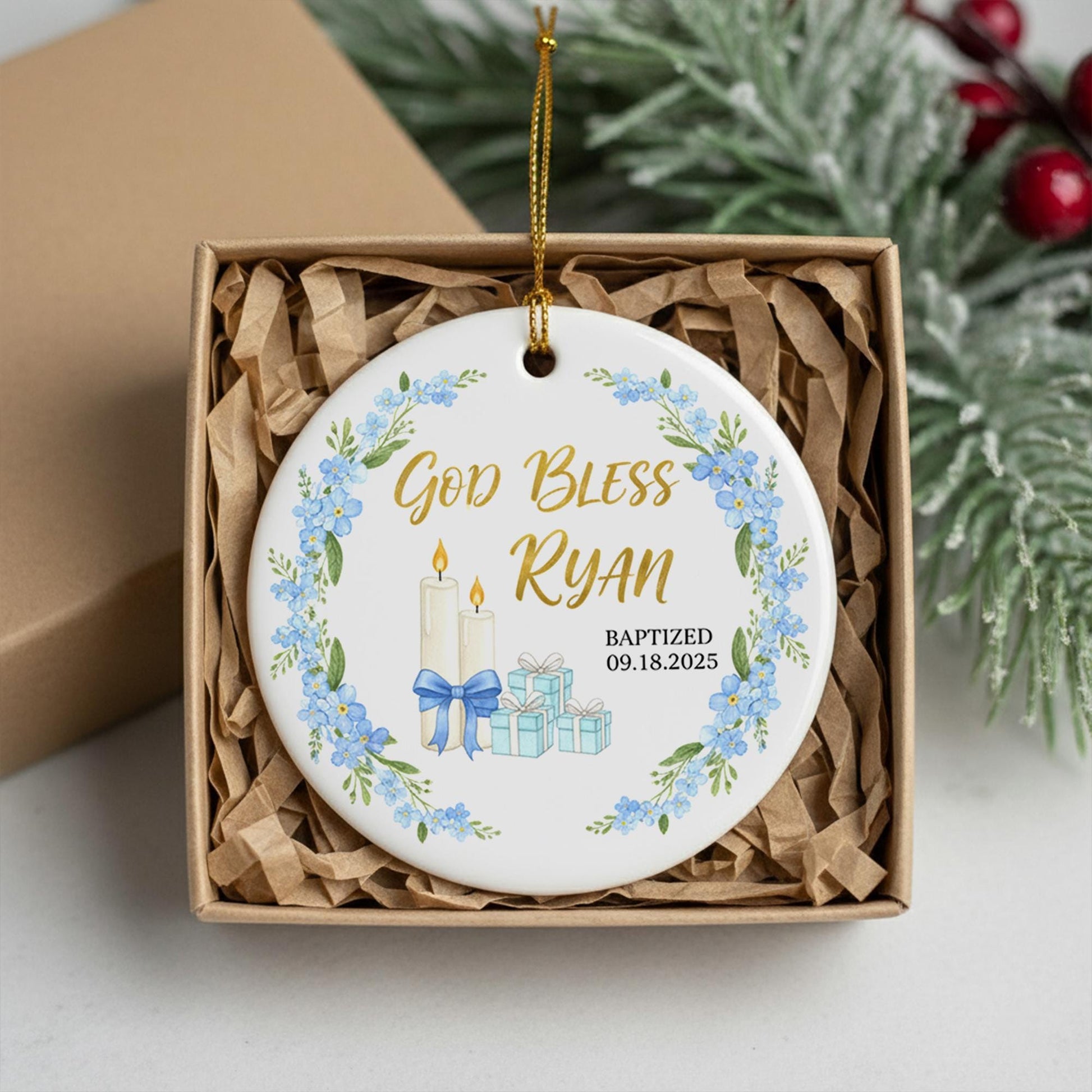 Custom God Bless Ornament – Baby Baptism Christening Keepsake with Name and Date