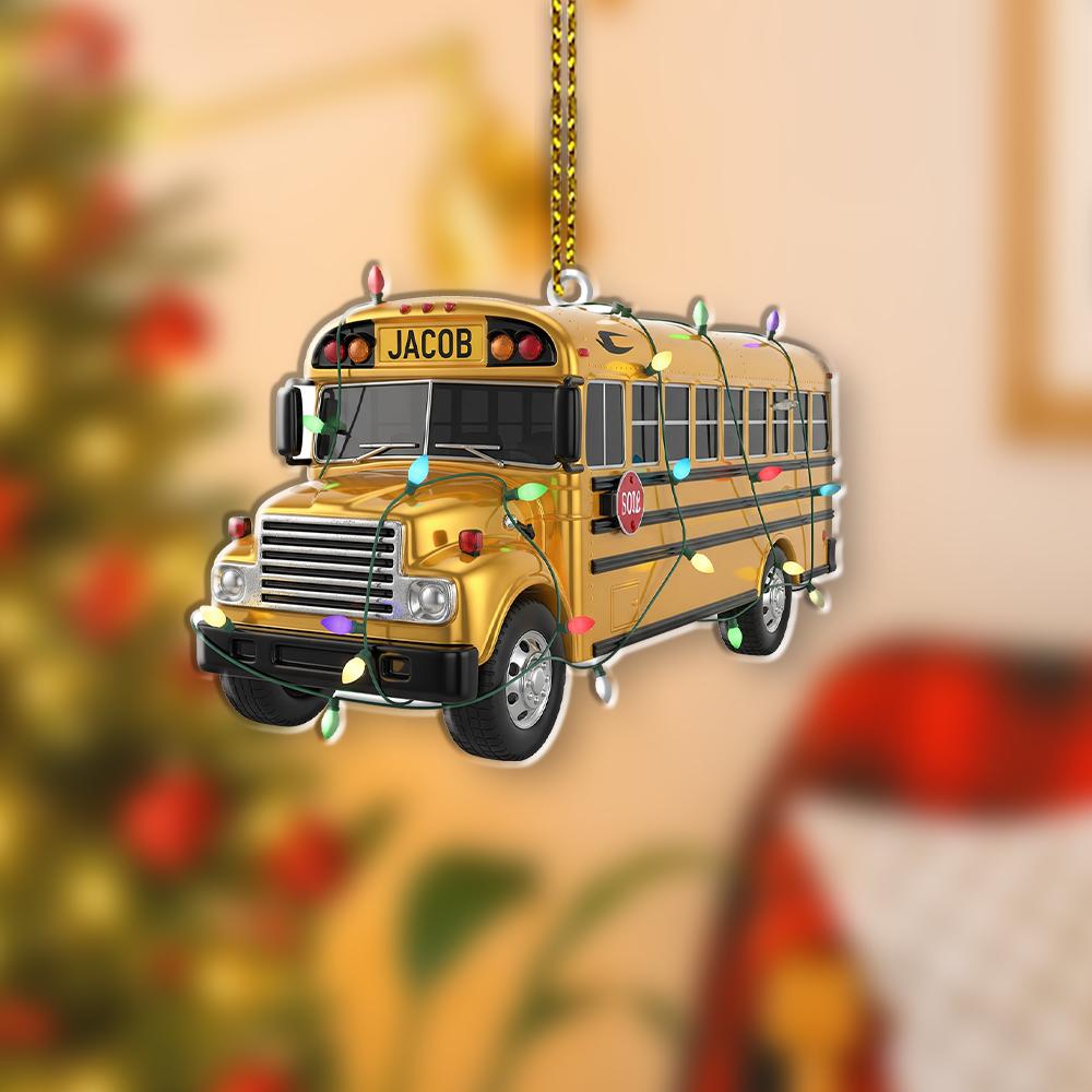 Personalized School Bus Ornament – Custom Name Yellow Bus Christmas Tree Decoration