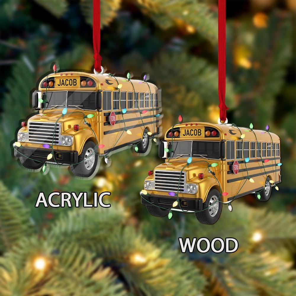 Personalized School Bus Ornament – Custom Name Yellow Bus Christmas Tree Decoration