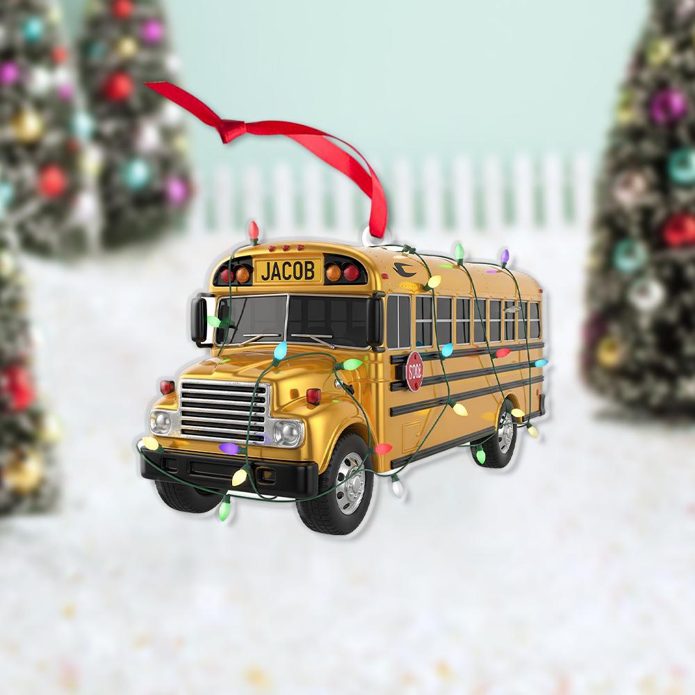 Personalized School Bus Ornament – Custom Name Yellow Bus Christmas Tree Decoration