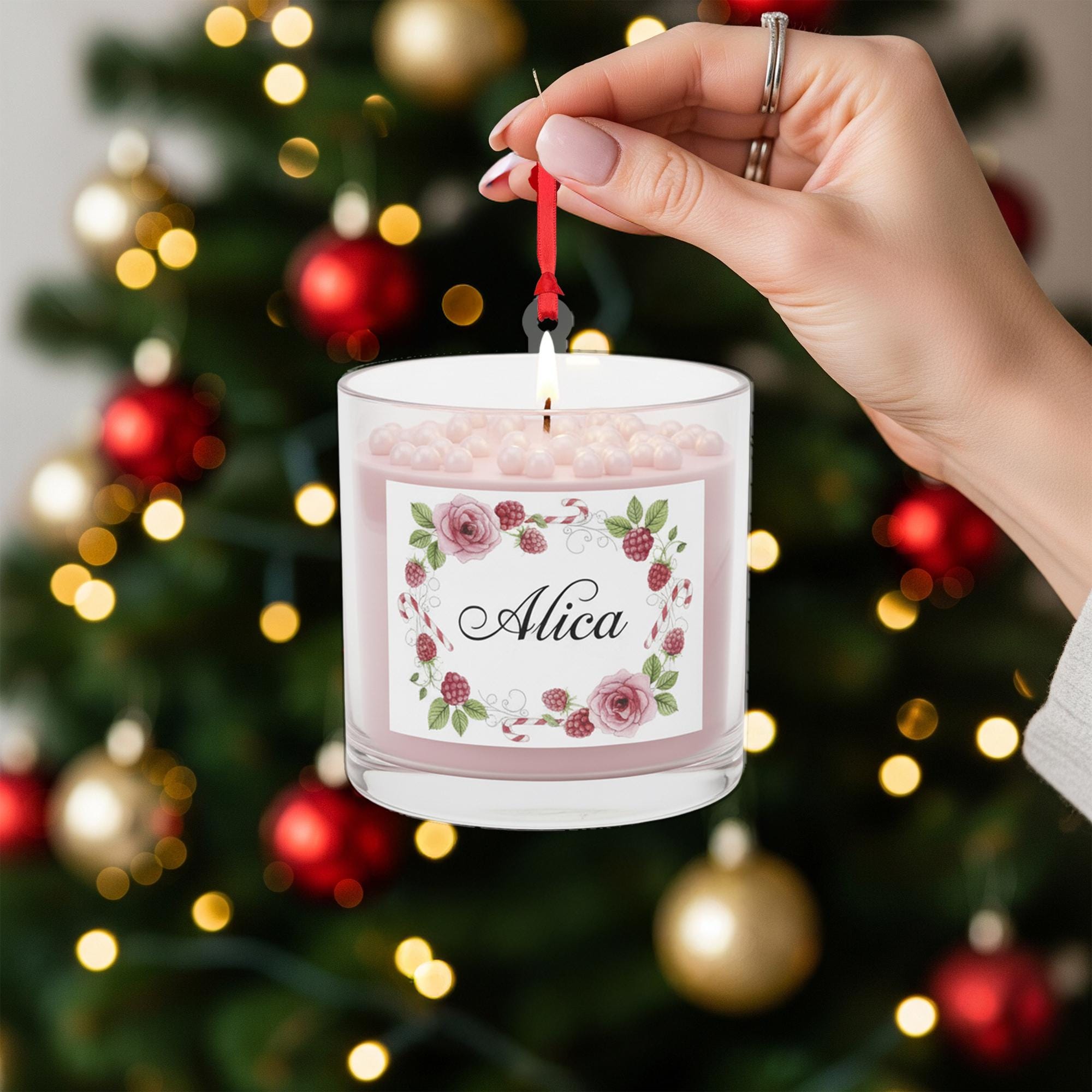 Personalized Scented Candle Ornament – Glass Decoration with Floral Label