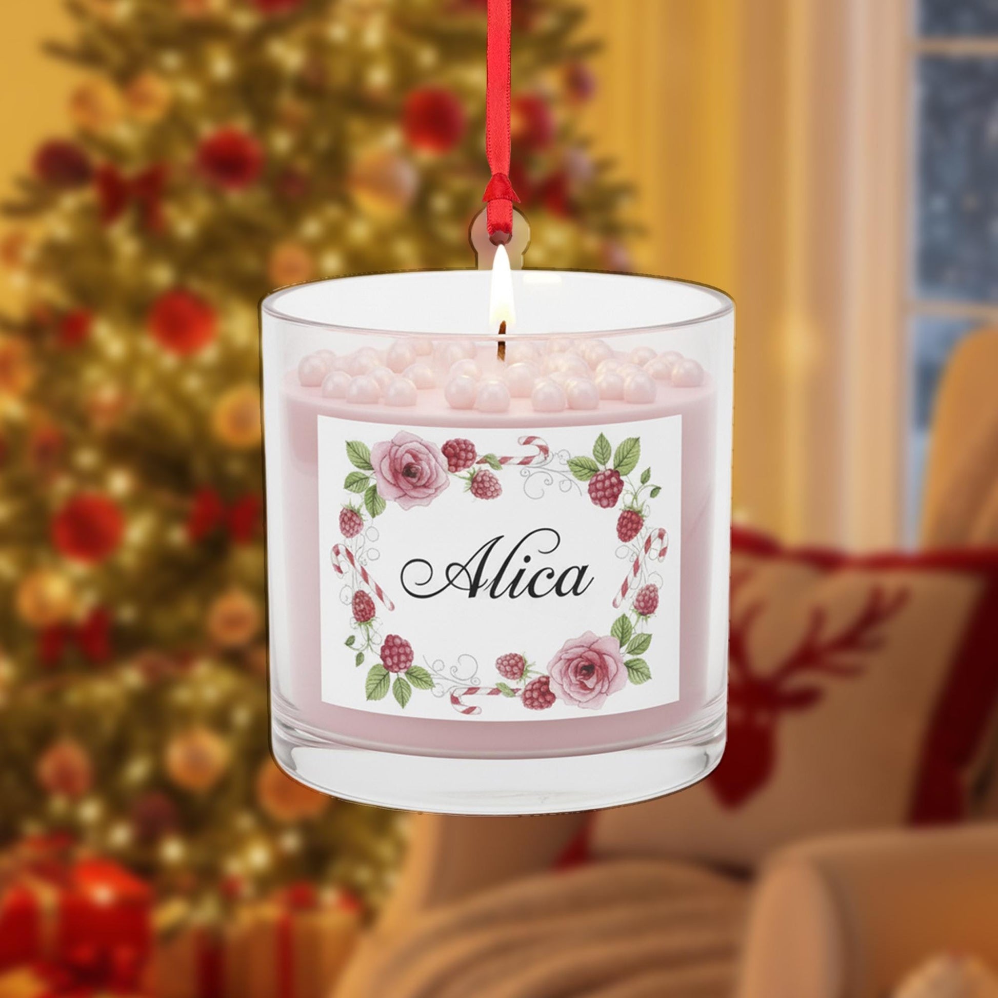 Personalized Scented Candle Ornament – Glass Decoration with Floral Label