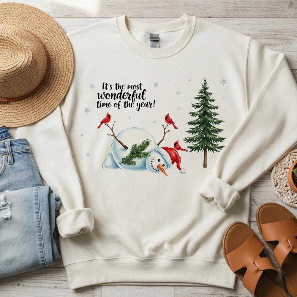 Christmas Sweatshirt – Snowman with Cardinals and Tree Winter Pullover