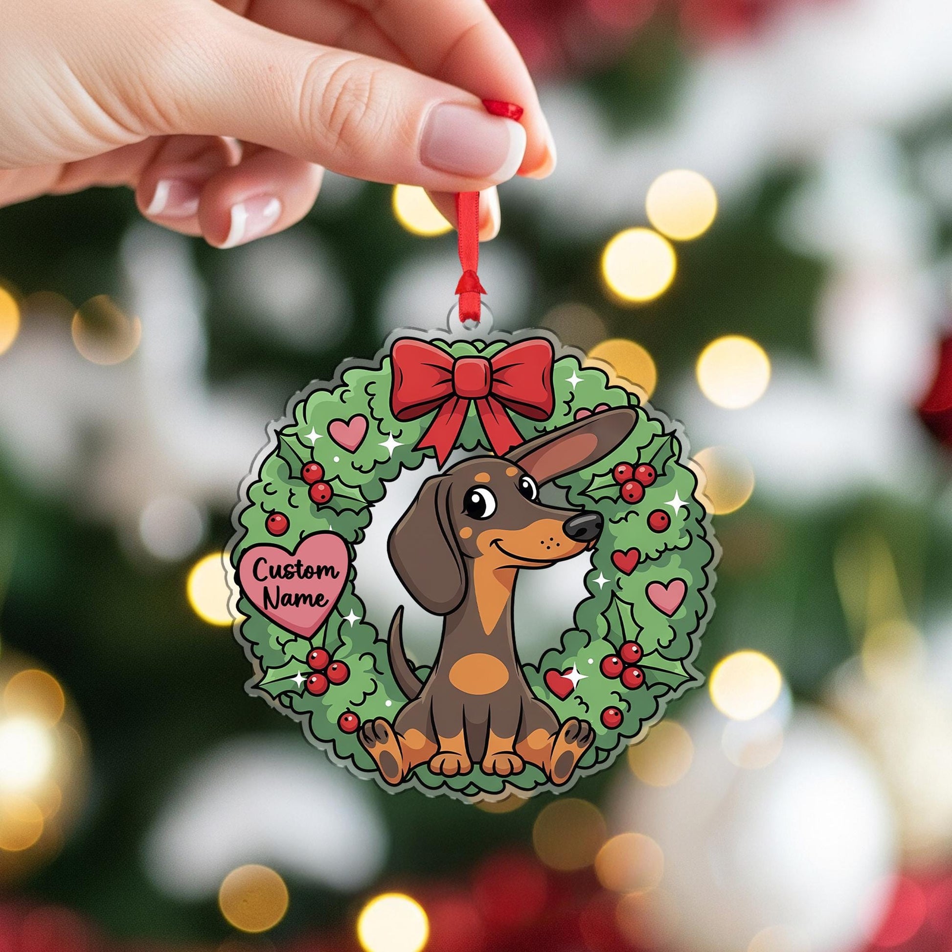 Personalized Dachshund Ornament – Custom Dog Name Christmas Wreath Decoration