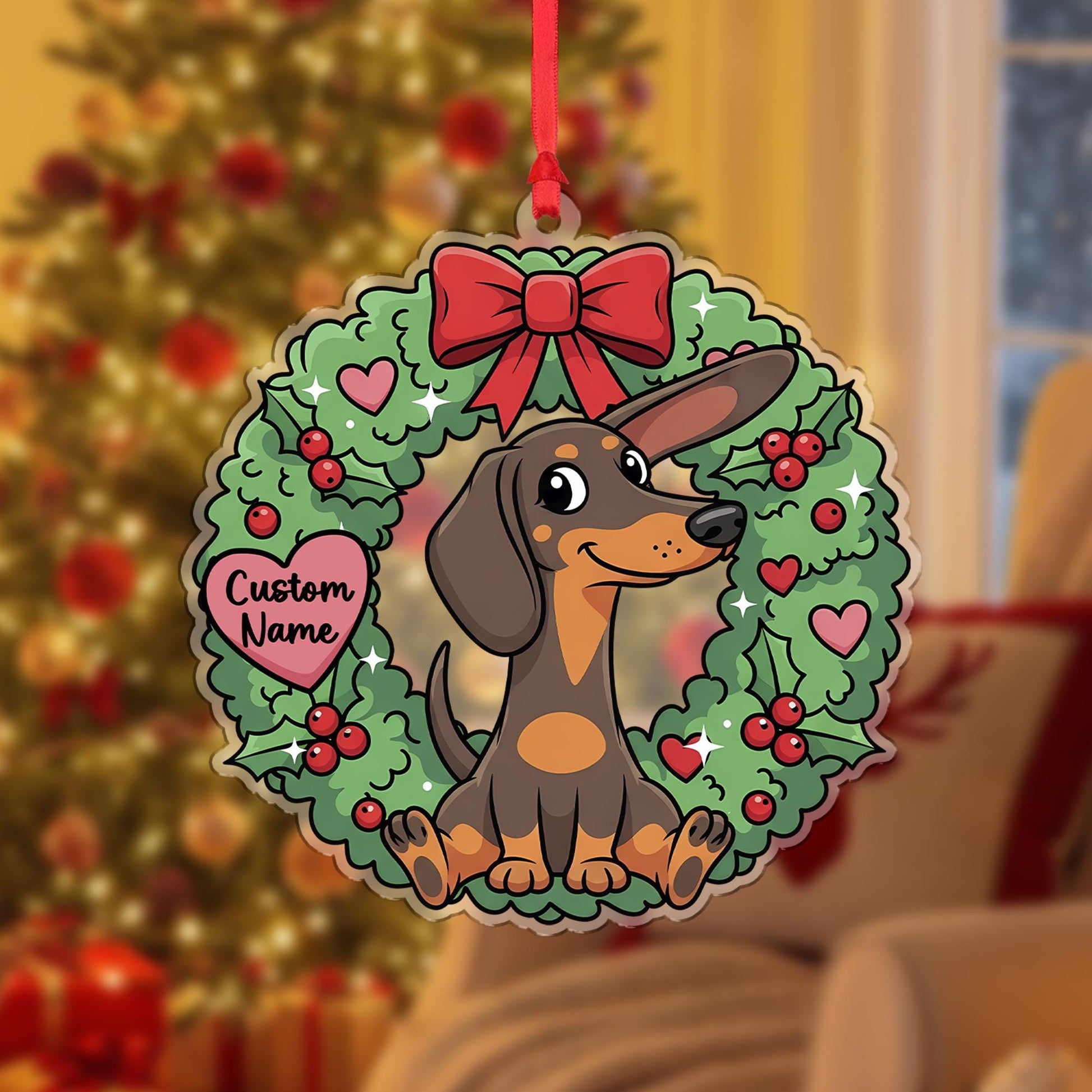 Personalized Dachshund Ornament – Custom Dog Name Christmas Wreath Decoration