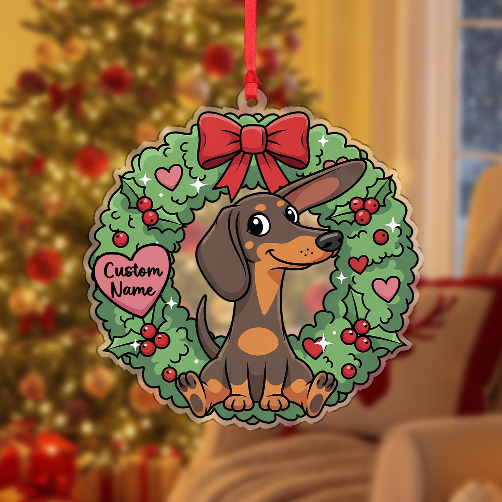 Personalized Dachshund Ornament – Custom Dog Name Christmas Wreath Decoration