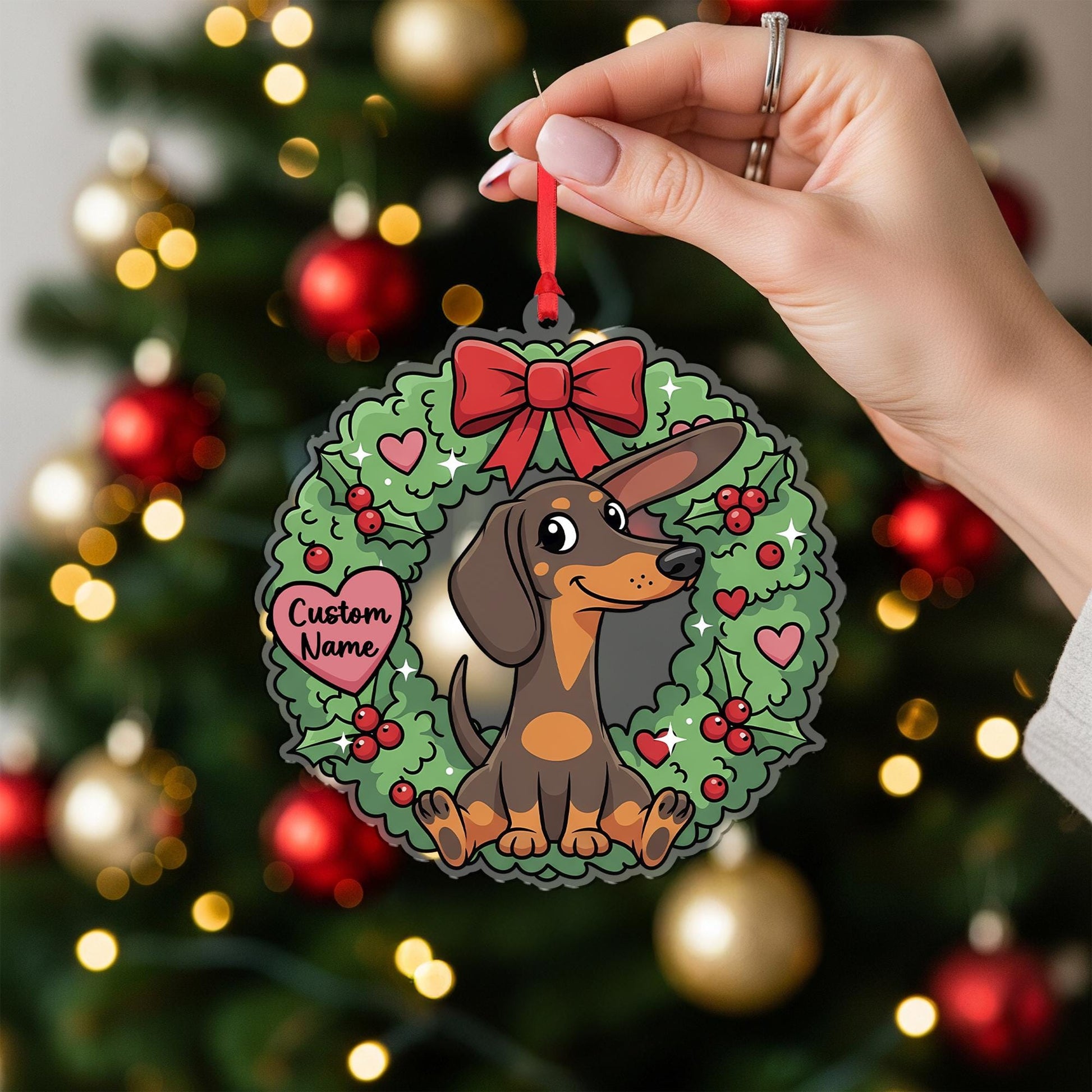 Personalized Dachshund Ornament – Custom Dog Name Christmas Wreath Decoration