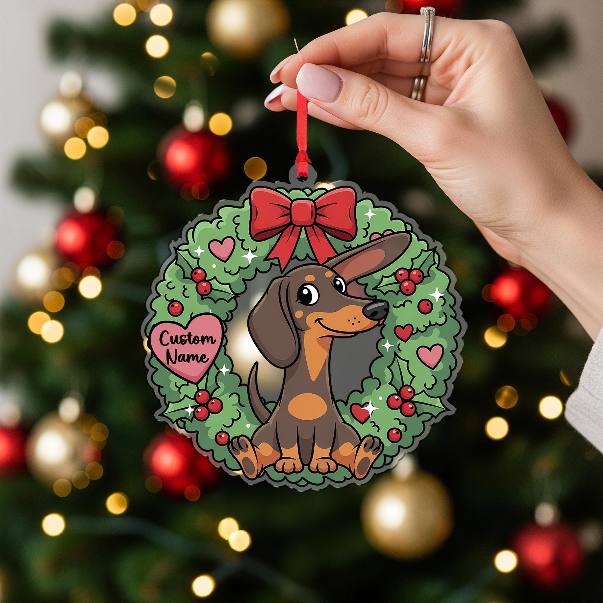 Personalized Dachshund Ornament – Custom Dog Name Christmas Wreath Decoration