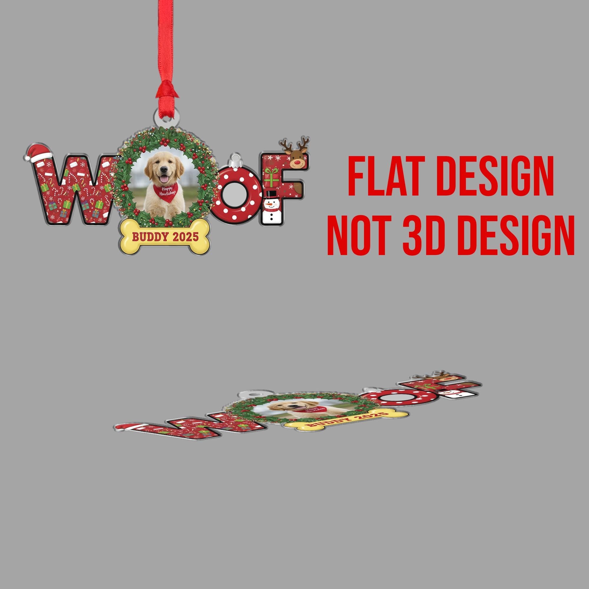 Custom Dog Photo Ornament – WOOF Design with Bone Tag and Holiday Wreath