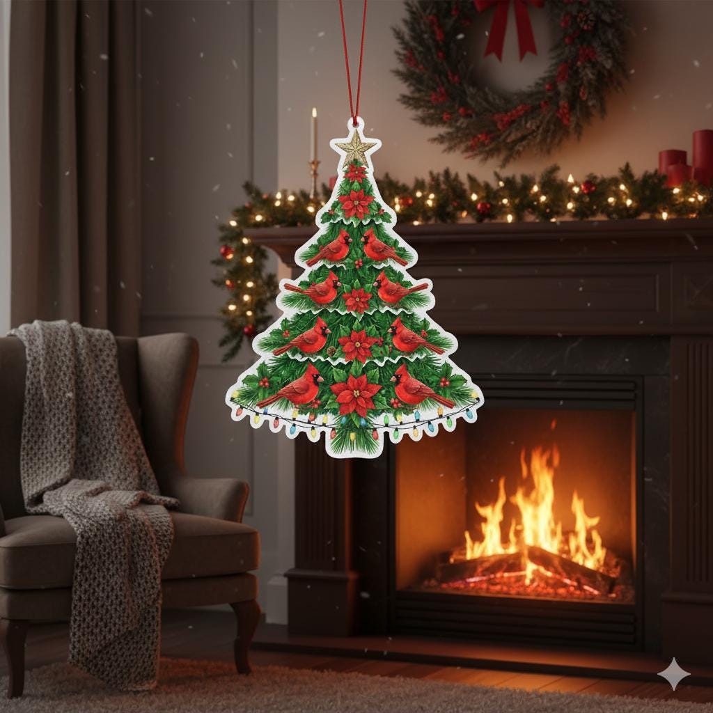Christmas Tree Ornament with Cardinals and Poinsettias – Holiday Fireplace Decoration