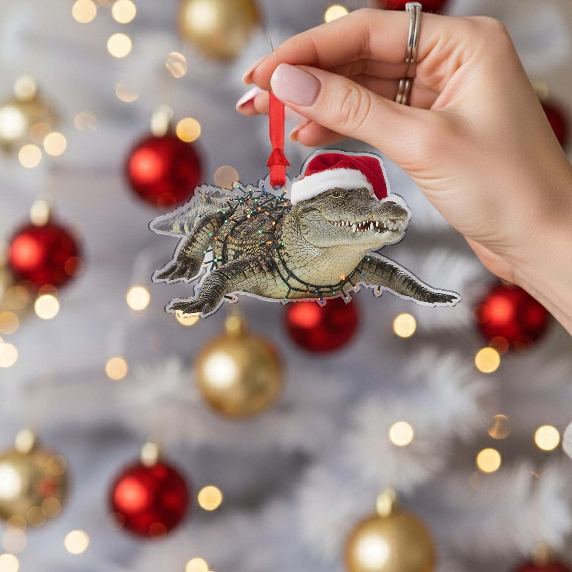 Crocodile Christmas Ornament – Alligator Decoration with Santa Hat and Lights