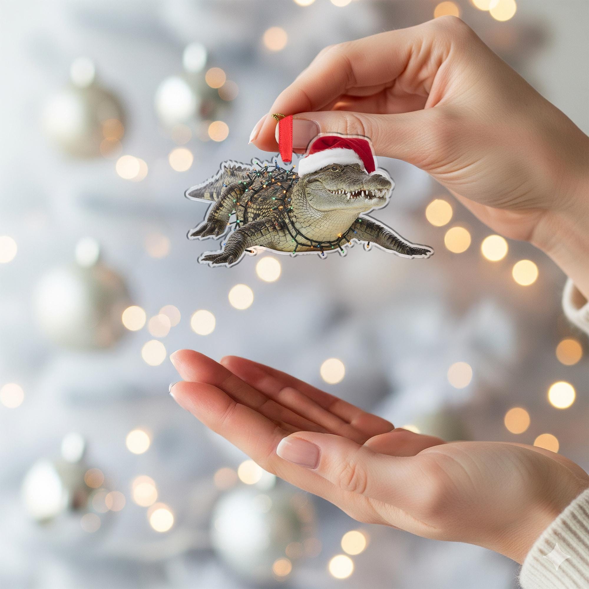 Crocodile Christmas Ornament – Alligator Decoration with Santa Hat and Lights